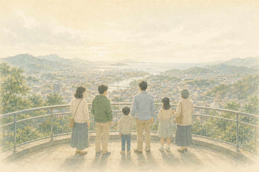 高台から高知の街並みを見晴らす家族をイメージした挿絵