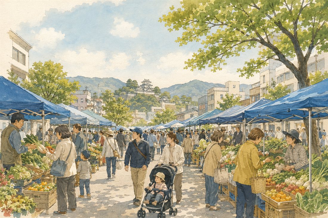 高知市の日曜市でにぎわう街の暮らしをイメージした挿絵