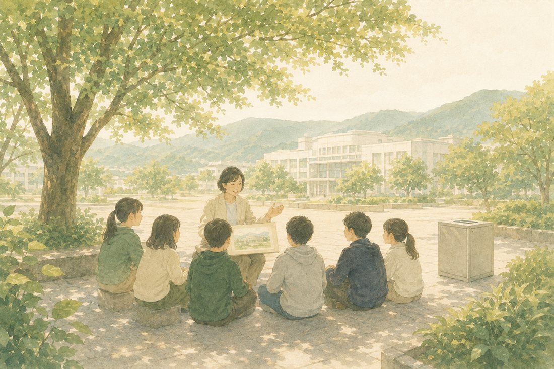 木陰で大人が子どもたちに県のしくみを教える様子と県庁舎・投票箱をイメージした挿絵